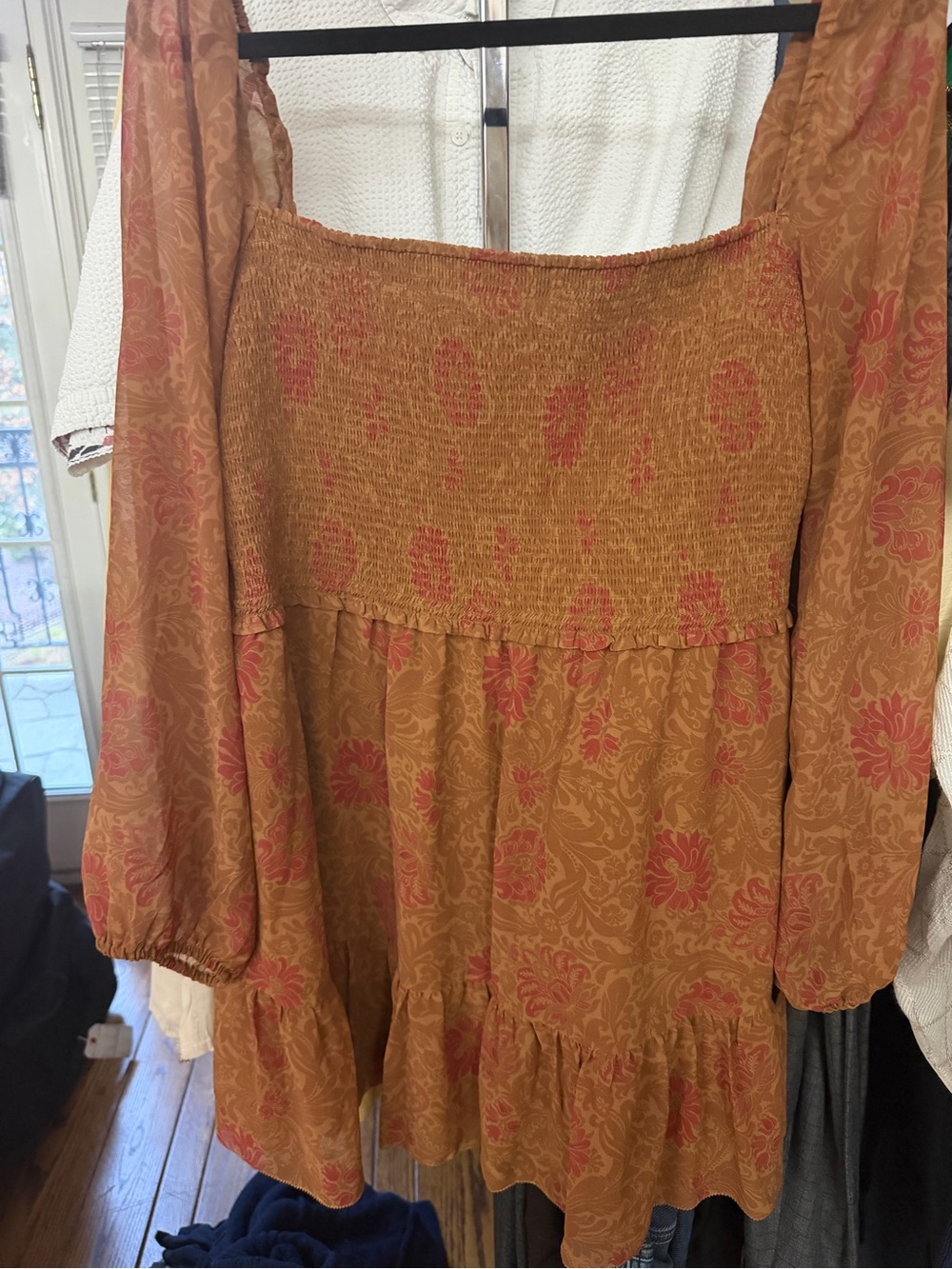 Wilfred Rust and Pink Floral Smocked Off-Shoulder Dress